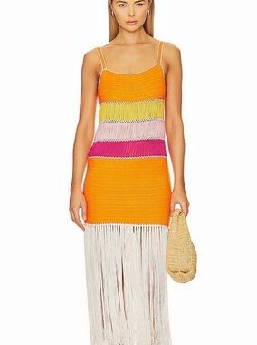 Faithful the Brand Color Block Fringe Midi Dress in Orange & Pink Size Small N﻿